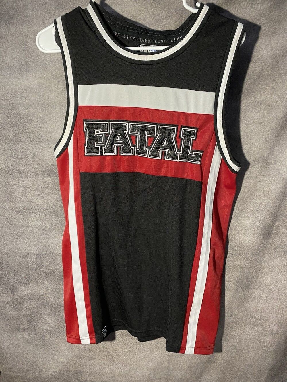 Fatal Clothing Live Life Hard Jersey Men's Medium Black Red Streetwear Y2K 04